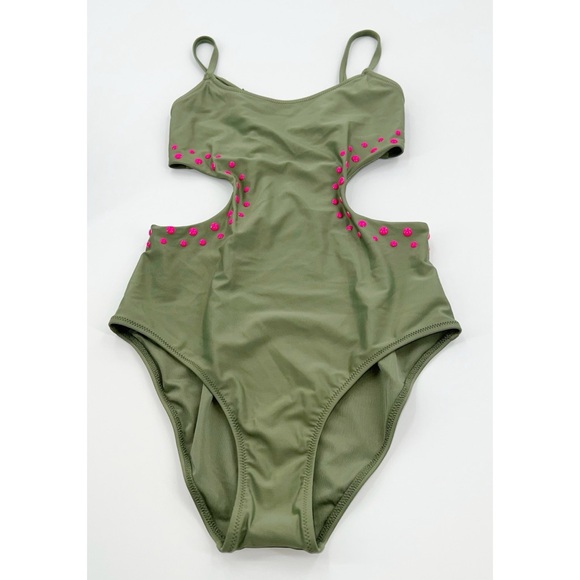 Aerie NWT Cut Out Full Coverage One Piece Swimsuit in Olive Fun - Picture 3 of 10